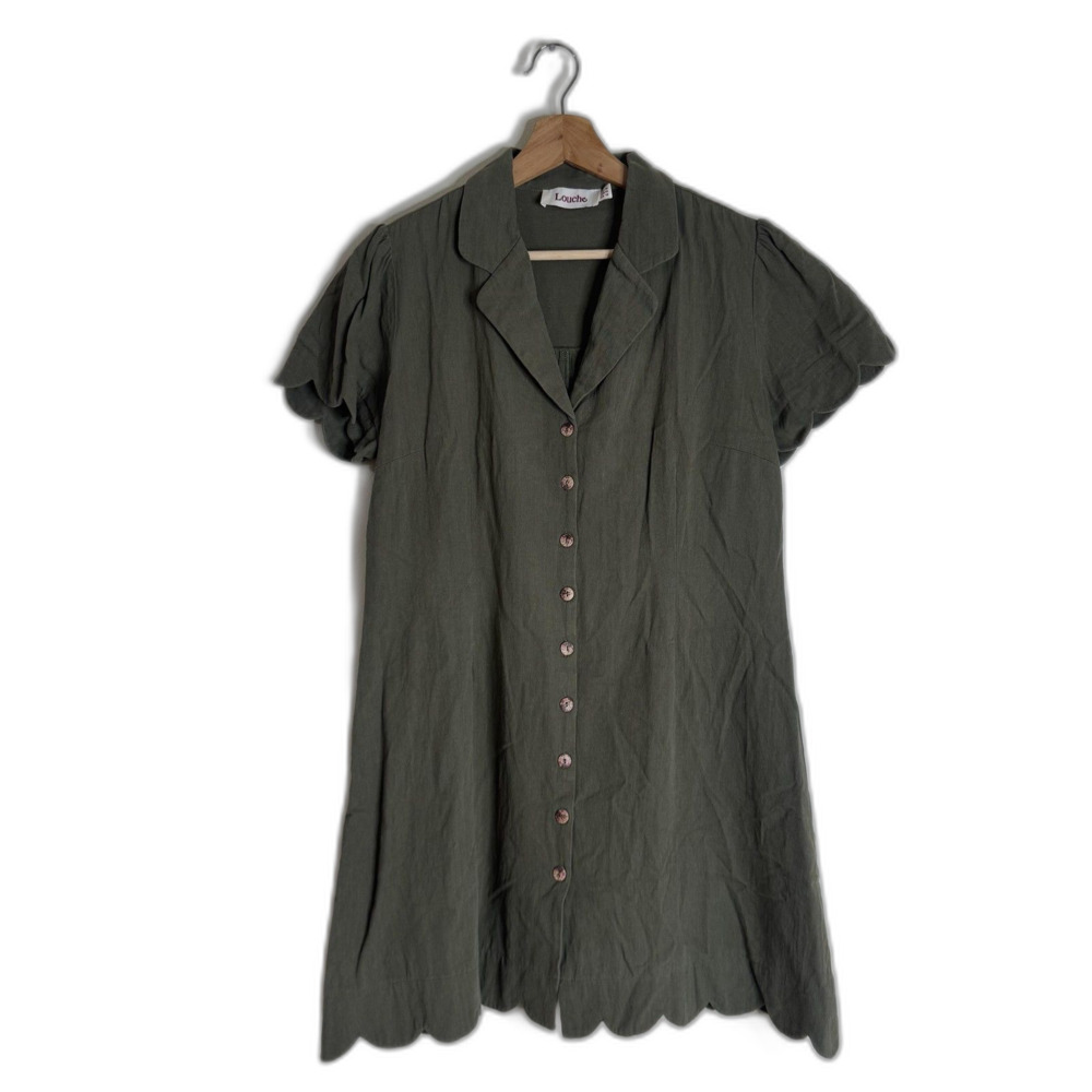 Louche Dress Womens XL US 12 Olive Green Marin Button Front Scallop Hem Collared